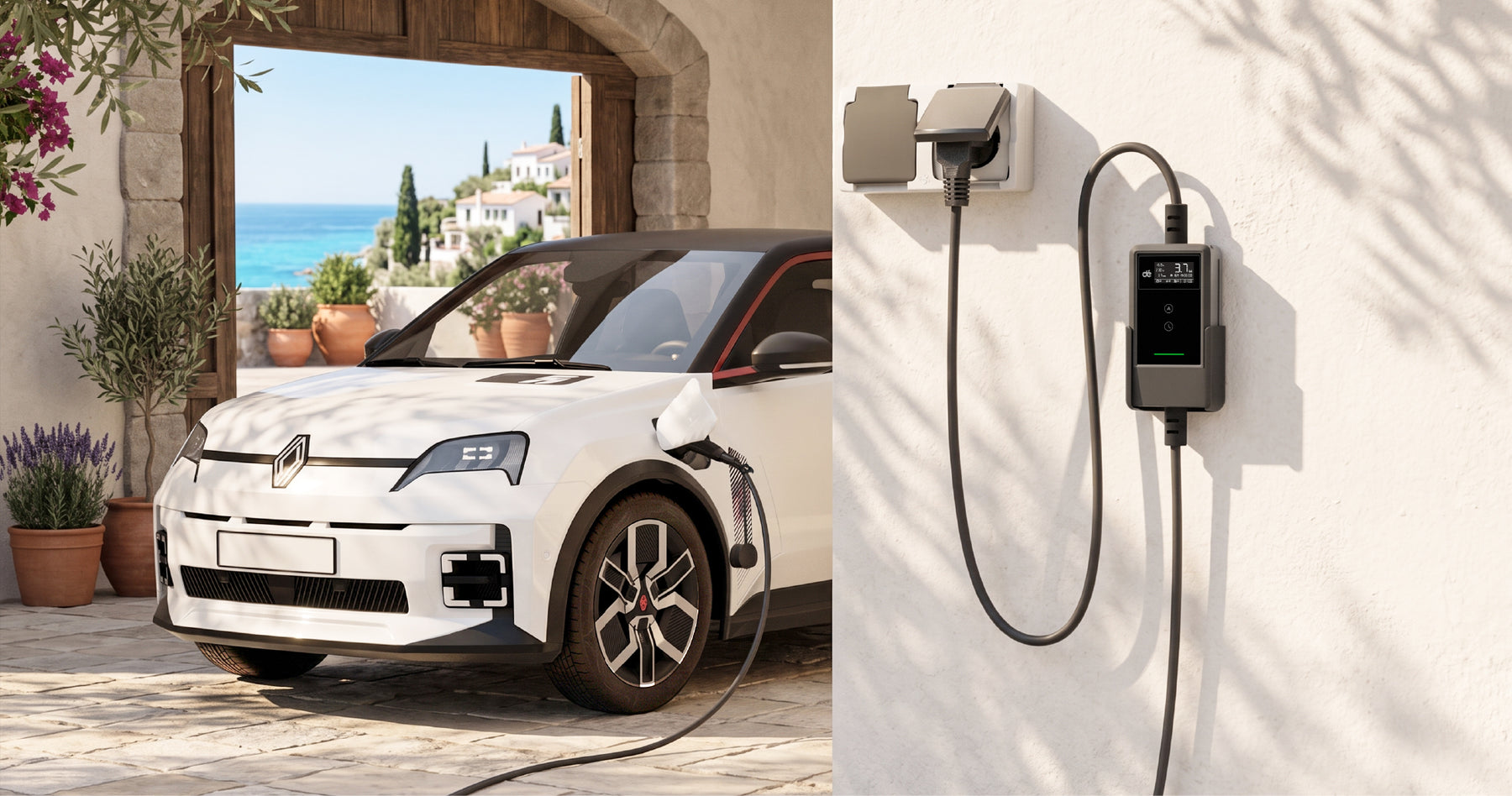 Vehículo eléctrico recargando en una casa junto al Mediterráneo