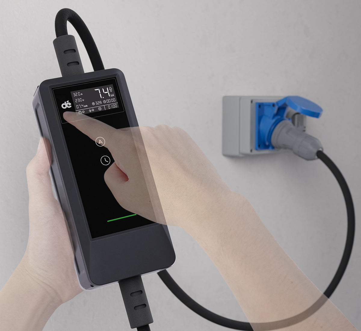 dé Cargador portátil Tipo 2 7,4 kW (32A) monofásico: pantalla para ajustar carga en toma CEE