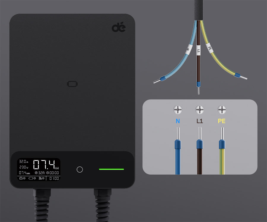 Esquema de cableado N-L1-PE para dé Wallbox 7,4 kW Monofásico Tipo 2