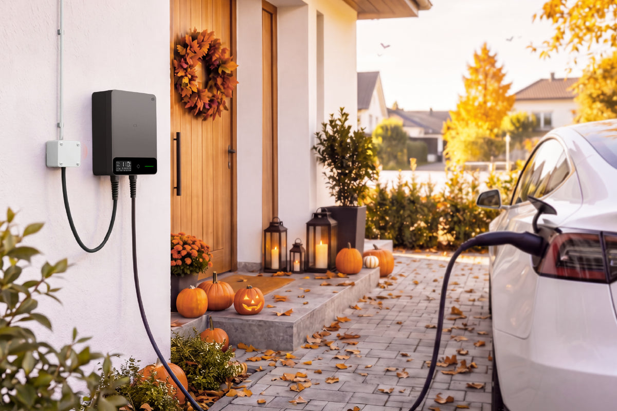Wallbox dé cargando un coche eléctrico en casa durante el otoño